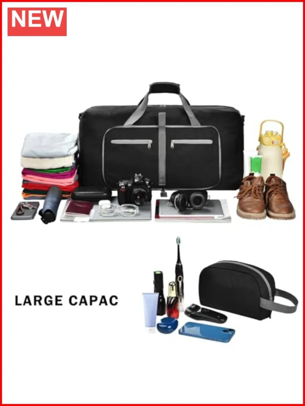 Duffle Bag with Shoes Compartment, Foldable Travel Duffel for Men Women,